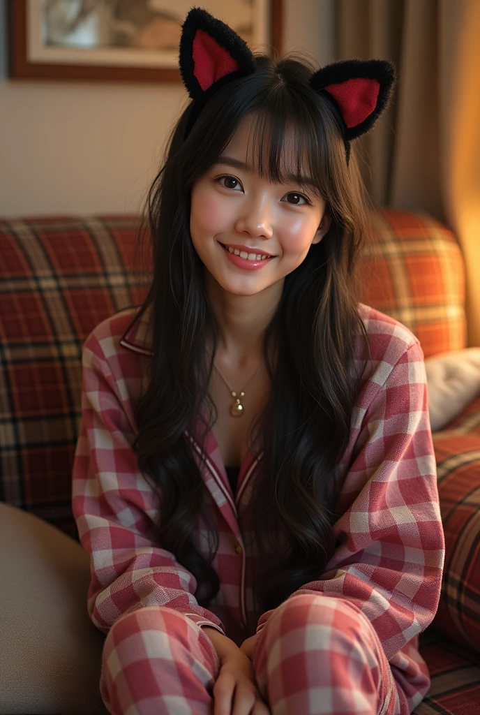 (masterpiece, Highest quality:1.1), (8k, RAW Photos, Photorealistic:1.2, f22), (Glowing Skin), Detailed skin,Long Hair,Detailed face, Detailed eyes,smilee,break, Real World, Intricate details, smile, break, One person, whole body,(Long sleeve,pajamas,Plaid,Black and White,Cat ear)break, (sofa:1.4)