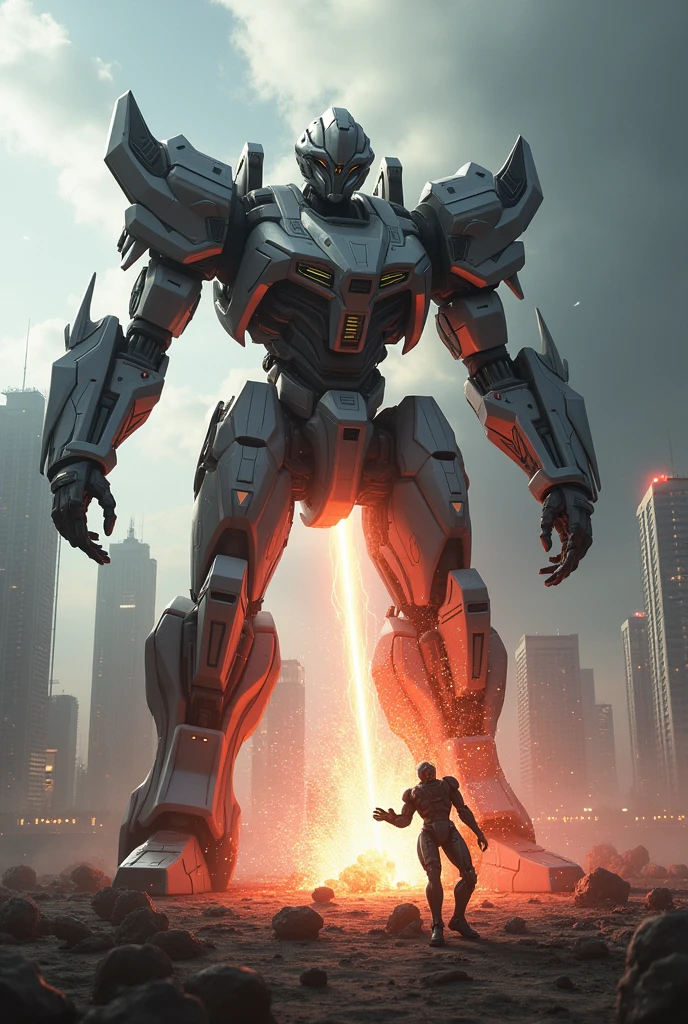 Make an image of a robot shooting a super powerful ultra mega laser beam at another robot that finished off the robot