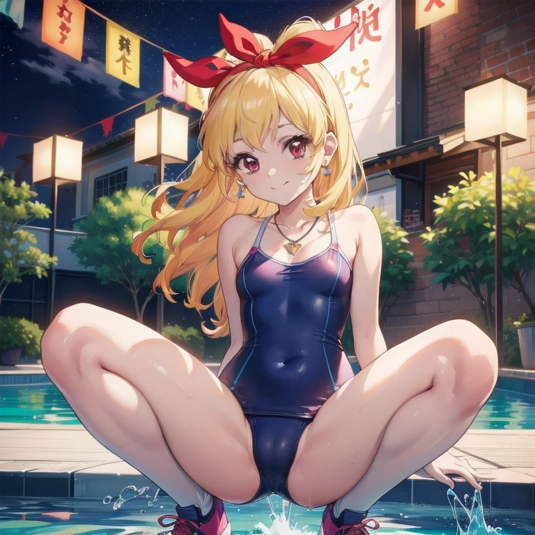 , (nsfw), ((beautiful)), ((masterpiece)), ((best quality)), (extremely detailed face), perfect lighting, highres, 8k, wallpaper, backlit, (absurdres), (ultra detailed, 8K, ultra highres:1.2), BREAK,(RED Ribbon on HAIRband:1.2),smile,navel,groin,denim shorts,loose clothes,shirt pull,shorts pull,A fashionable female ,dressed in a casual yet stylish outfit,browsed the racks of clothes at the department store. She hummed a tune to herself as she examined the various accessories and small items on display. Her outfit consisted of a pair of ripped denim shorts paired with a loose, camisole and a pair of sneakers. She accessorized with a small, silver bracelet on her wrist. As she shopped, the girl couldn't help but be drawn to the various colorful and glittering items in the store. She picked up a pair of cute, heart-shaped earrings and a matching necklace,admiring them in the bright, fluorescent lighting,Ichigo Hoshimiya (Aikatsu!),from below,squatting,groin_focus,A joyful and vibrant scene at an outdoor night pool in Japan, illuminated by soft, colorful lights that reflect off the shimmering water. Three young girls, around 6 to , are splashing and playing in the shallow end of the pool, their laughter echoing through the warm summer night. The girls wear cute, brightly colored swimsuits, their hair tied up in playful ponytails and buns. A kind and smiling female teacher, dressed in a modest one-piece swimsuit, is in the pool with them, guiding their play and joining in the fun. She gently encourages them as they splash water and playfully race each other. The atmosphere is filled with warmth, safety, and happiness, as the teacher ensures that the girls enjoy their night swim in a carefree and joyful manner. Surrounding the pool are string lights and lanterns that add a festive glow, while the dark sky above is dotted with stars.