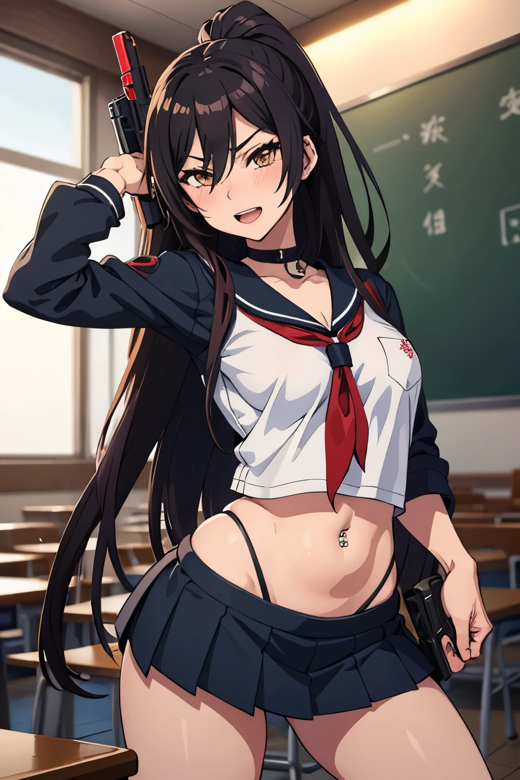 1girl, shirase sakuya, high ponytail, long hair, blush, lipstick, long hair, Hot girl, baddie, staring, glaring, bad attitude, mean girl, crazy, smoking, masterpiece, best quality, highly detailed, a anime girls in sailor uniforms with a gun posing for a picture,
evil smile, smile, open mouth,black_serafuku, ecchi anime style, anime girls , (nsfw) not safe for work,
ecchi style, ecchi, shipgirls, digital anime art!!, high school girls, holding a gun, hold a gun, anime style 4
k, micro skirt, exposed belly, exposed navel, exposed midriff, holding pistol,underboob,
exposed lower belly,school, classroom, navel piercing