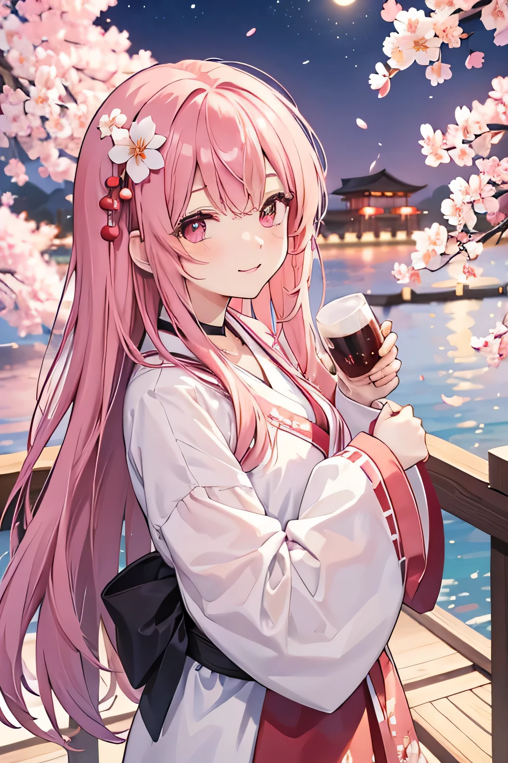cute,Cherry-colored hair,long hair,Moon and cherry blossoms in the background,Alcohol on hand,Holding a sake cup