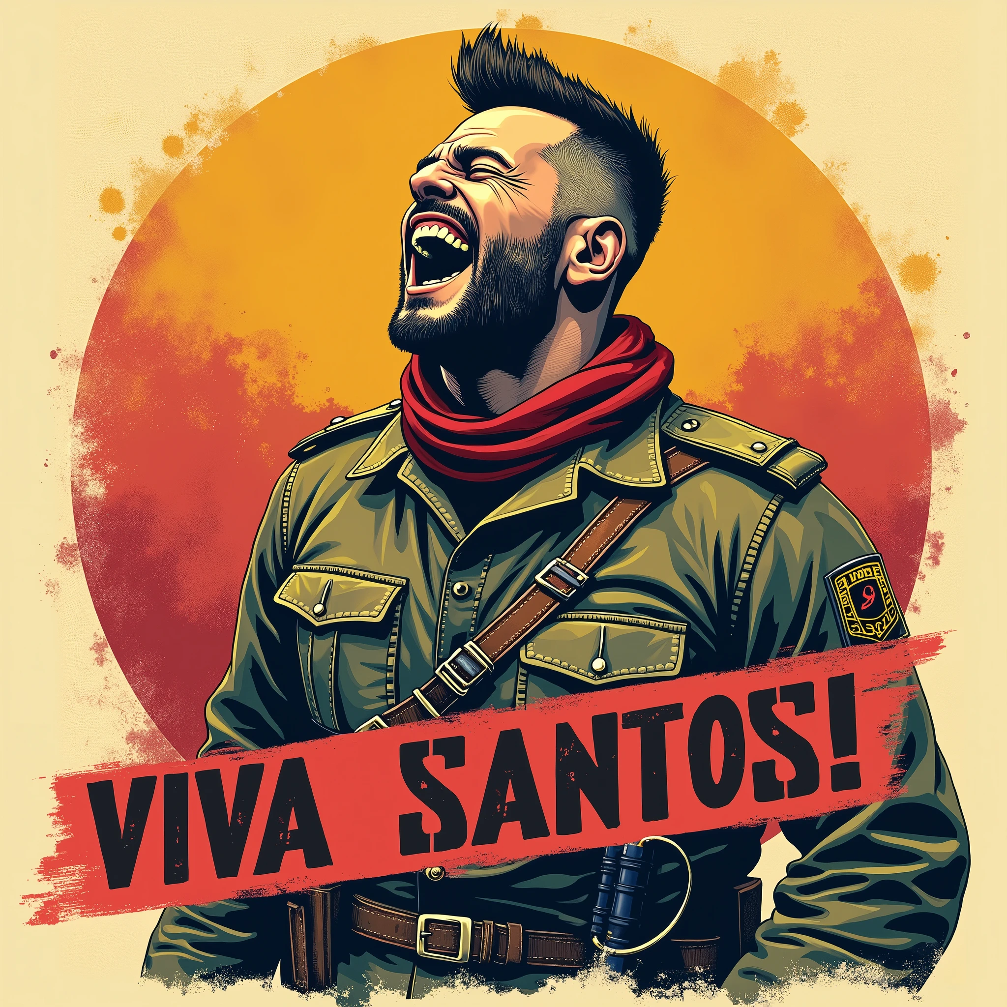 a cinematic, high-contrast, distressed, vintage t-shirt print design with a punk twist, featuring a proud, 40-year-old Russian soldier from the Ho Chi Minh Army, with a short, flat mohawk and a goatee, screaming jubilantly to the sky with bold, dynamic, and victorious gestures, his eyes closed, and his face contorted in a strong, confident, and triumphant expression, set against a clean, gradient background that subtly graduates from a deep, rich yellow to a warm, vibrant red, evoking the colors of the Vietnamese flag, with the bold, vintage-style title "VIVA SANTOS!" emblazoned in a curved line, in a faded font with rustic, worn edges, placed prominently in front of the soldier, creating a central focal point, while the soldier's intricately detailed, earth-toned uniform accurately reflects the Ho Chi Minh Army style, complete with a faded, crimson scarf, a brown, studded belt, and a pair of worn, black boots, all blending into the aged, aesthetically faded edges of the design.