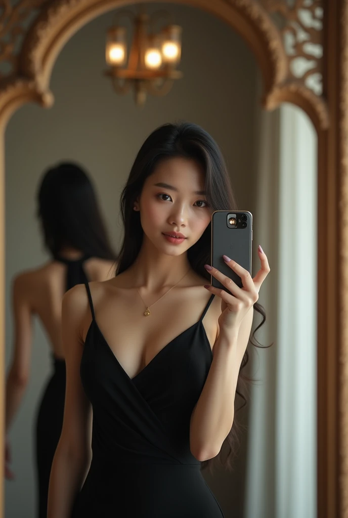 Beautiful girl asian with smooth long hair black, Black dress, she is taking a photo in the mirror with a cell phone, That you can see the face, perspective of the cell phone camera, dynamic pose
