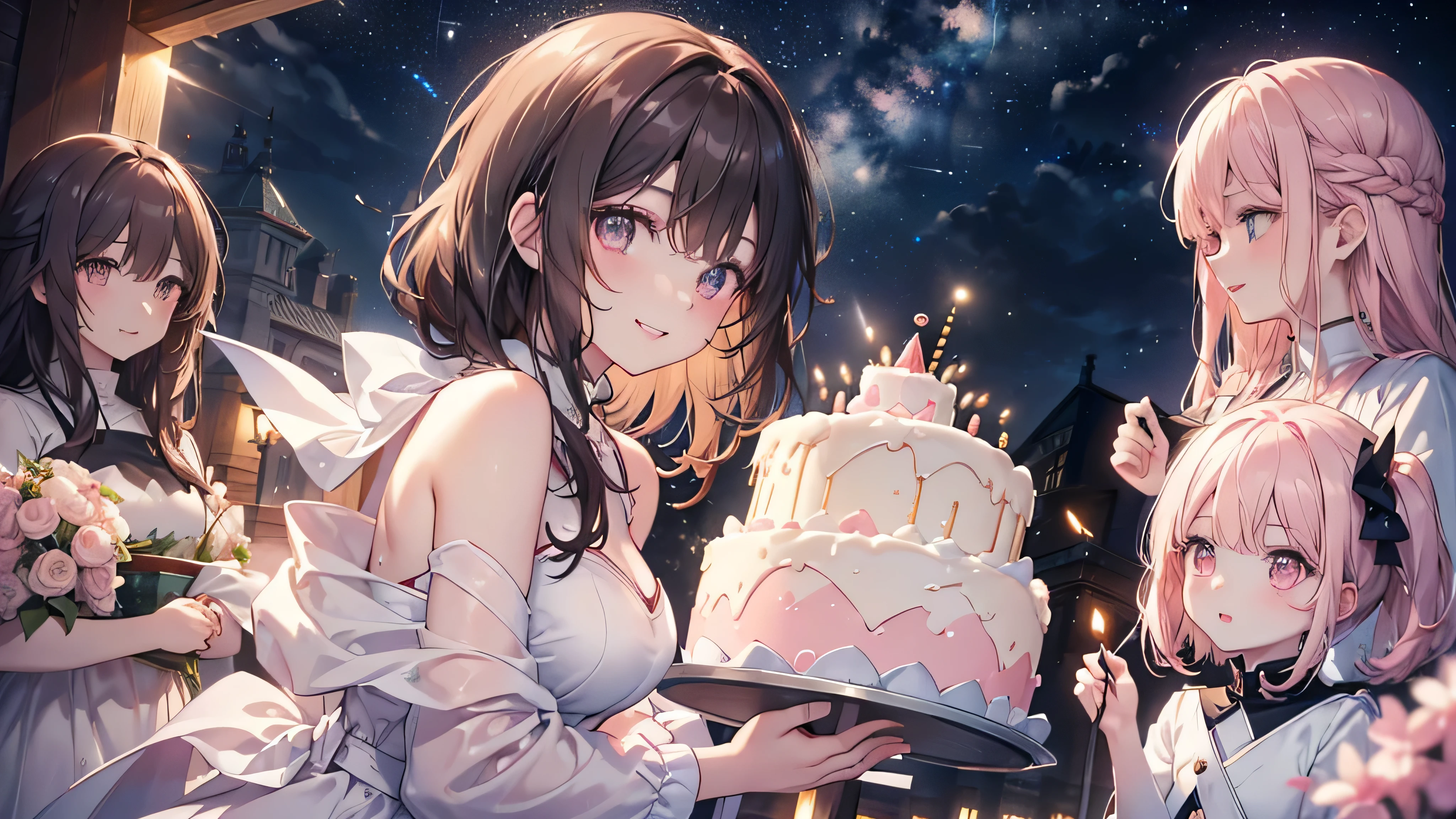 ((Highest quality、masterpiece、Ultra-fine、Ultra-fine、Exquisite、Golden Ratio,16K、Brown Hair,The best smile,Full HD、The night when your smile shines, wrapped in soft light )), (Top view,profile,Face blowing out candles on a birthday cake,One person))Long eyelashes、White skin、(Pale pink lips、Pale pink cheeks、thin and long)、((One person)),Birthday Party -,Your smile shines like the stars in the night sky