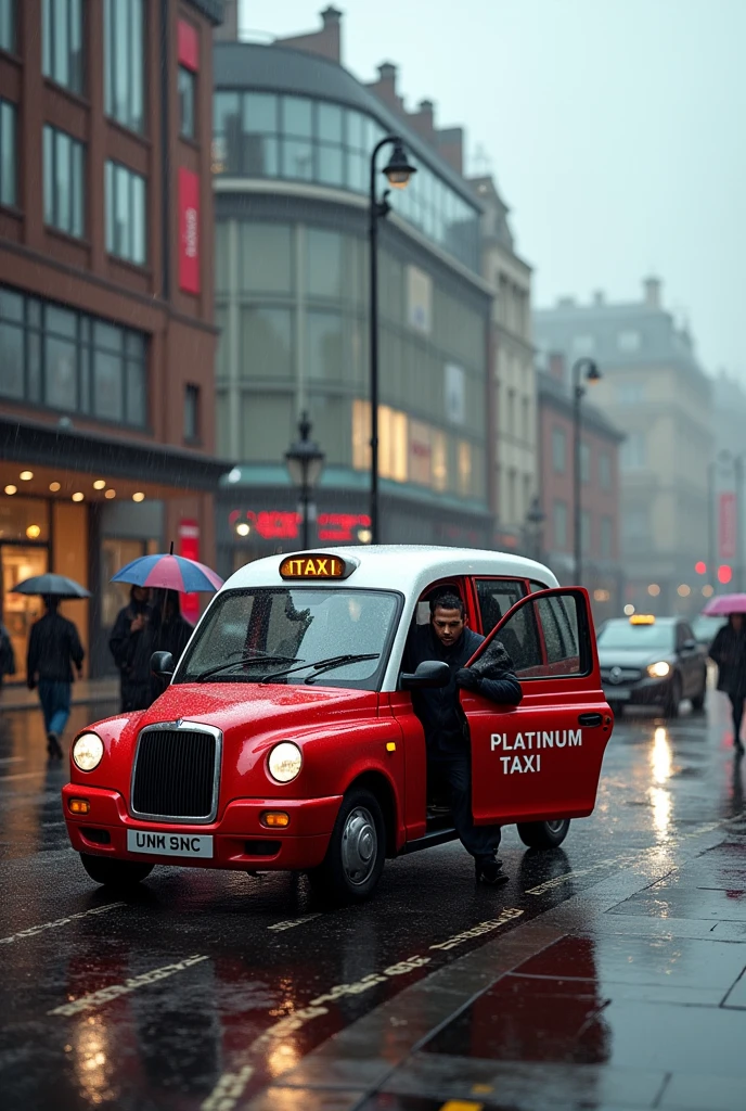 Modern red taxi with white roof on doors says platinum taxi picking up people outside a Liverpool shopping plaza in the rain