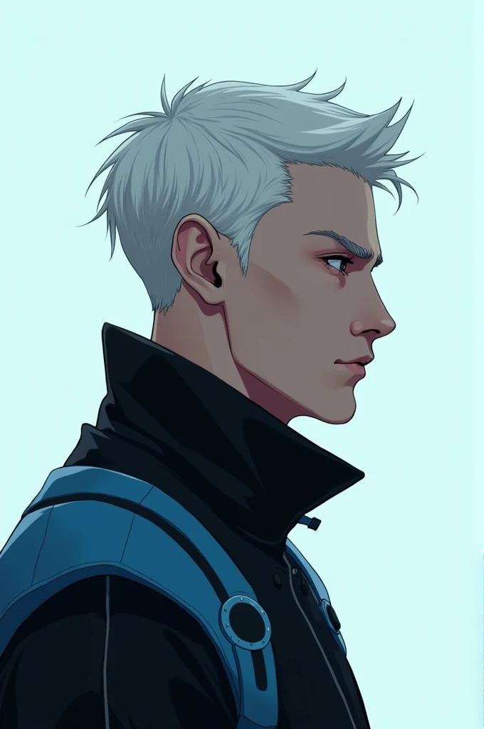 Short haired white man Looking in profile to the right For cell phone wallpaper Blank stare Black and blue clothes Blank stare Cyberpunk