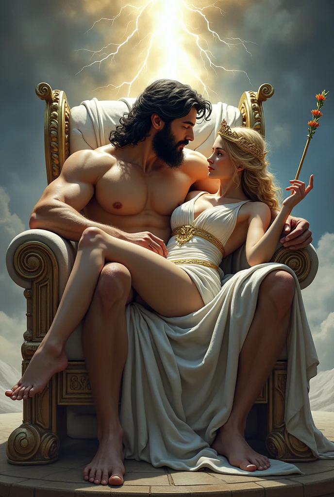 Zeus on throne, with Goddess Hera laying on his lap. Wearing greece clothes, both in Olympus. Dark hair. Center of picture, free space over and around the throne. SHARP lightning. Zeus shows a lot of skin. Hera(the women) has a gold crown, and a  long wand, with a flower on the end. 

Zeus' thunderbolt needs to be in the picture