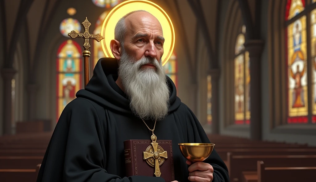 ultra realistic image of bald Saint Benedict with a long white beard without many wrinkles, com 55 anos, black cloack, calm and firm look, with his medal with the cross of Saint Benedict, a bronze chalice and a bronze staff with a snail&#39;s tip, in the pocket a bible, around his head a lighted halo, convey depth, in the background stained glass windows of a European church