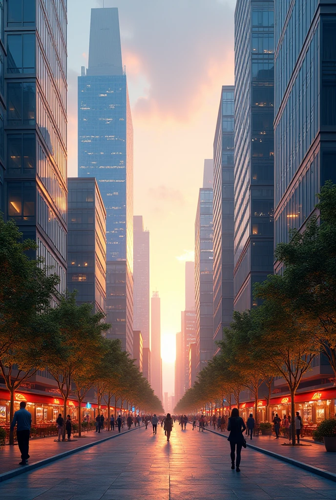 A picture of the city at dawn, with tall glass buildings reflecting the colors of the sky and streets full of life, highlighting well-kept restaurants and parks.