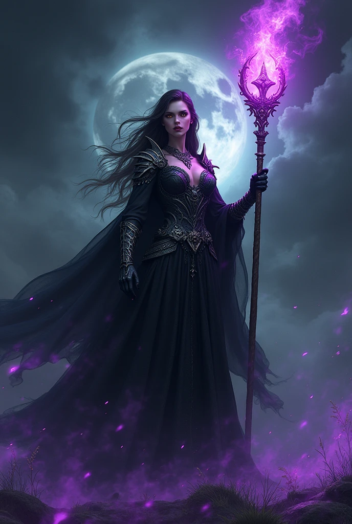 (photoralism:1.2), Very detailed, Ultra-high resolution, High Contrast, masterpiece, realistic, Scary stormy scene, pretty woman, golden eyes, frightening black dress with armor, witch, purple magic, intricate staff with purple magic, evil, commanding, wicked grin, streaks on eyes