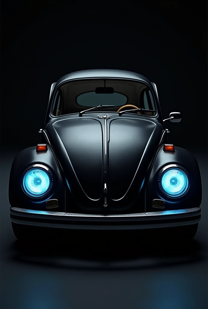 Create an image with a black background,of a black Beetle from 1980,looking from the front of the car,just half vision,half of the front only,with the blue headlights