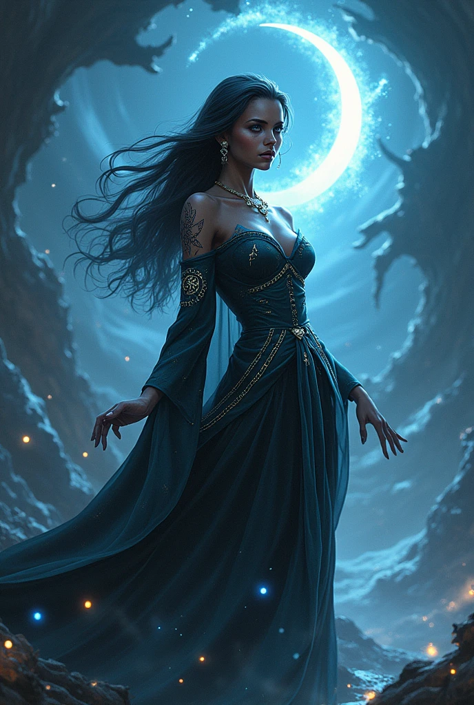 a sorceress, black, with the power of the moon, Linda, mystical and young