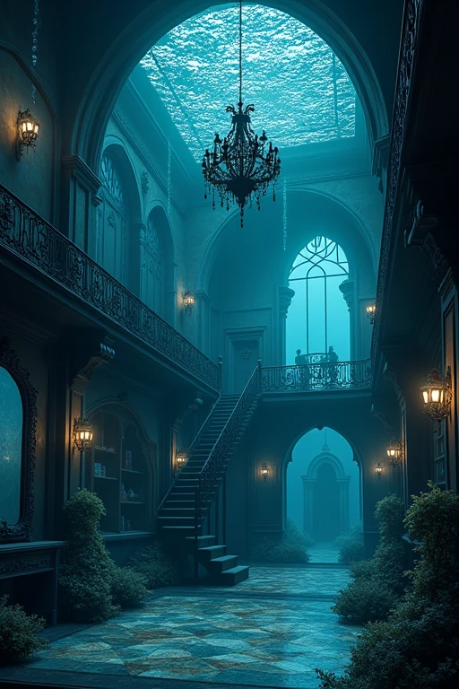 Underwater Gothic architecture Chandelier Black and blue atmosphere Fish Bubbles、House in the sea、The windows are big and fish are swimming outside、mirror、Decorative Picture Frame、Bookshelf、梯子付きの高いBookshelf、Spiral staircase leading to the second floor、The ceiling has a black iron lattice.、corridor、とても長く続くcorridor、One wall has a window that connects to the ceiling.、The other wall has lights, doors and paintings.