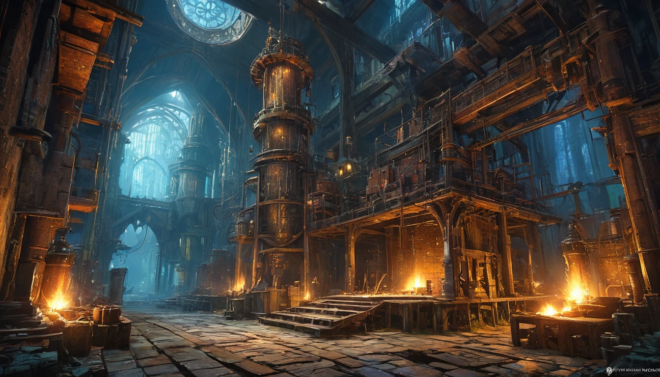 (anime, fantasy, factory), (detailed CG unity 8k wallpaper, masterpiece, best quality, ultra-detailed, HDR:1.2), an iron factory, stacks iron ingot, medieval factory, medieval tool. {unique shape}, vibrant color, intricate, ethereal lighting. From Brian Froud and Carne Griffiths and Wadim Kashin and John William Waterhouse