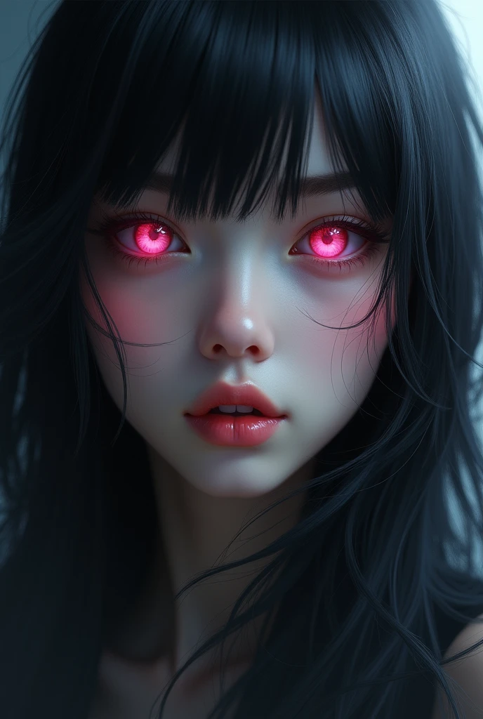 A woman with long black hair and bangs and pink iris eyes.