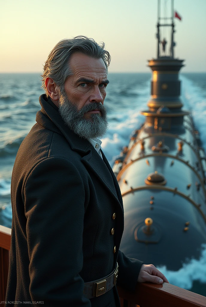 CAPTAIN NEMO IN HIS SUBMARINE NAUTILUS OVER THE SEA.