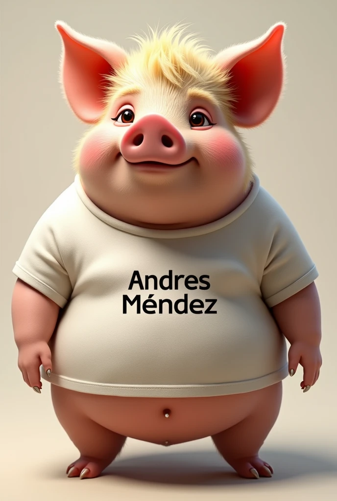 Make a pig that is real and fatter and that has blond hair that has a t-shirt and that t-shirt says Andrés Méndez 