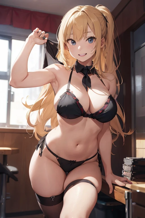 1 female, age girl, striptease clothes, blonde long hair, rosa cheeks, strip club, happy face, huge breast