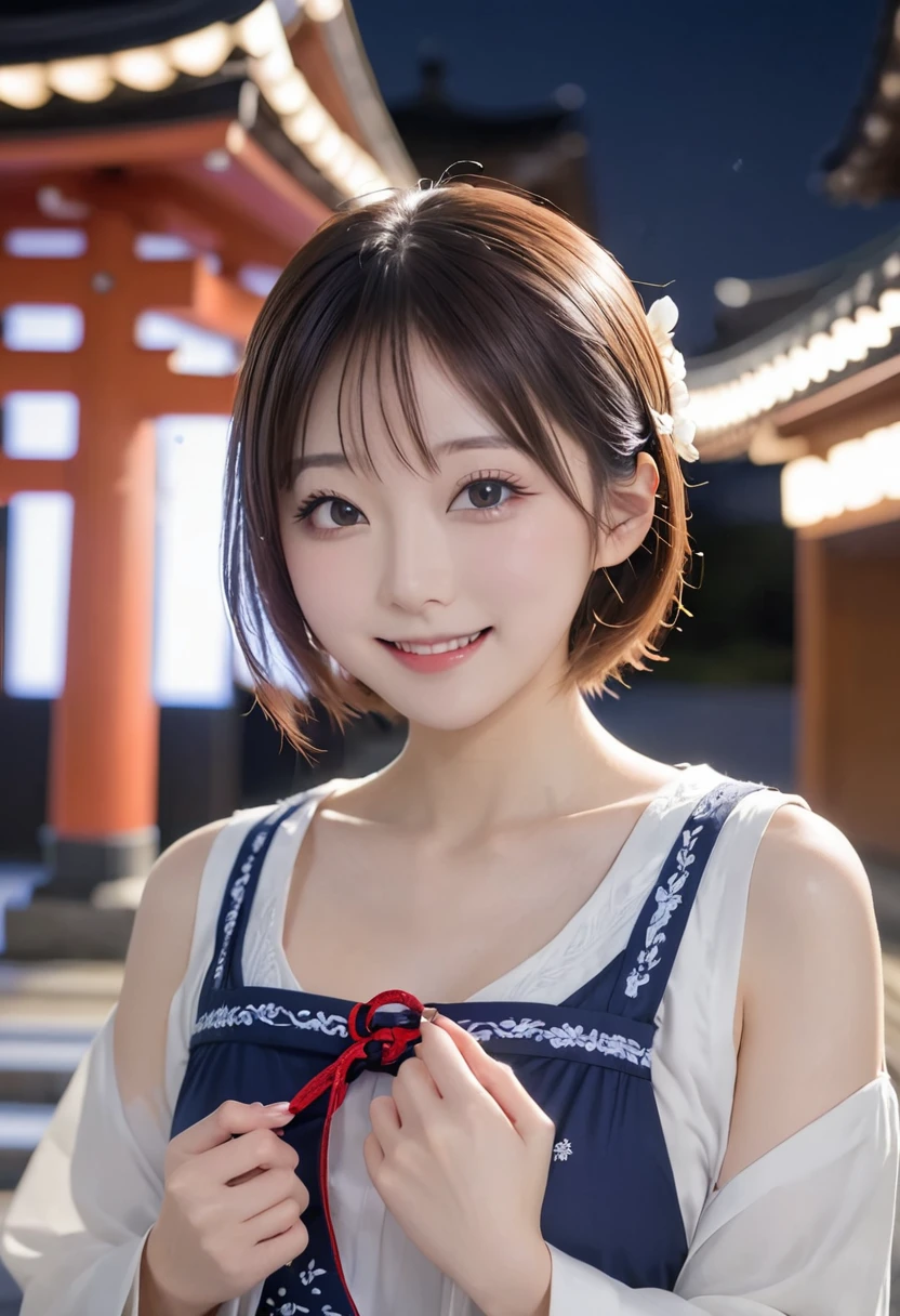 masterpiece, ultra detailed, female, japanese,casual dress,posing,tall,double eyelid,smiling,twin tail,night,shinto shrine,dslr,highly detailed,japanese