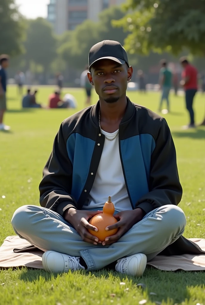best qualityer:1.4), (ultra high resolution:1.2), (photorrealistic:1.4), (8k, CRU photo:1.2), a thin young man of 20 years old, skin black, with a smooth, beardless face, corte de cabelo buzzcut, He's wearing a black cap. He's wearing a white shirt. He is wearing a basic coat in black and blue.. He&#39;s wearing light jeans. He&#39;s wearing white sneakers. Sitting on the grass in a simple park. thin build sem músculos. Seductive face for the camera. thin build. Scrawny. A thin person. He&#39;s wearing a black cap. There are people in the background. It&#39;s sunny. He has a gourd of chimarrão in his hand. He is sitting on a cloth spread out on the grass. 