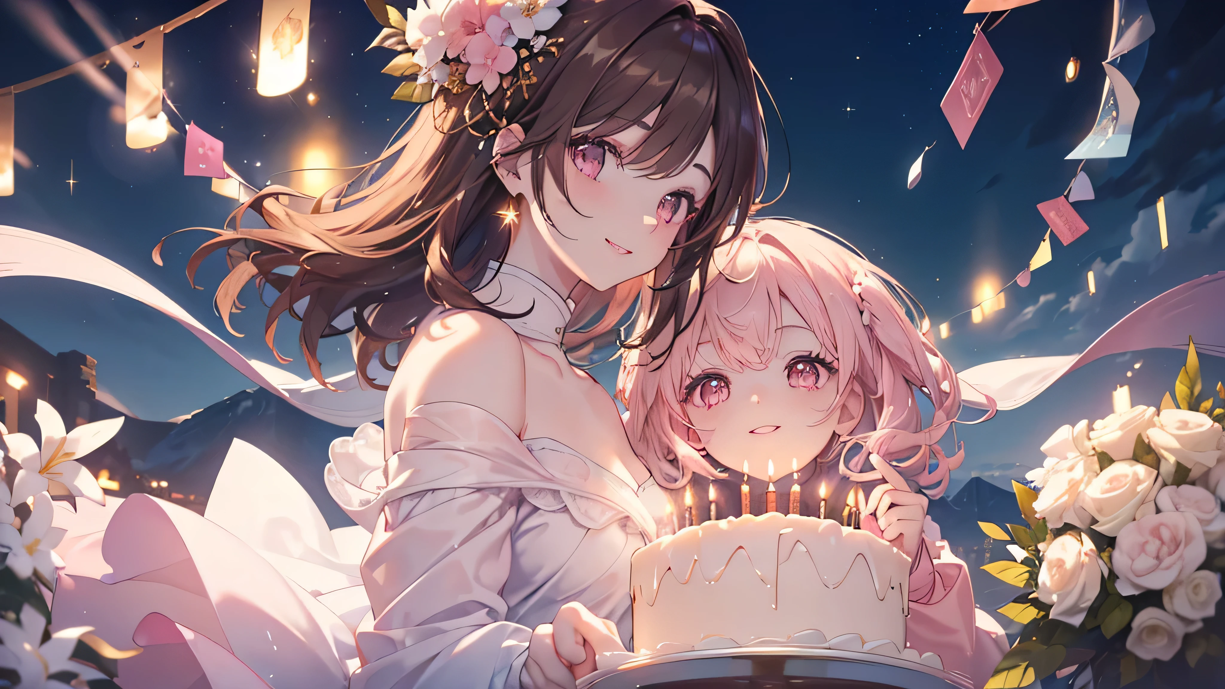 ((Highest quality、masterpiece、Ultra-fine、Ultra-fine、Exquisite、Golden Ratio,16K、Brown Hair,The best smile,Full HD、The night when your smile shines, wrapped in soft light )), (Top view,profile,Face blowing out candles on a birthday cake,One person))Long eyelashes、White skin、(Pale pink lips、Pale pink cheeks、thin and long)、((One person)),Birthday Party -,The night when your smile shines, wrapped in soft light