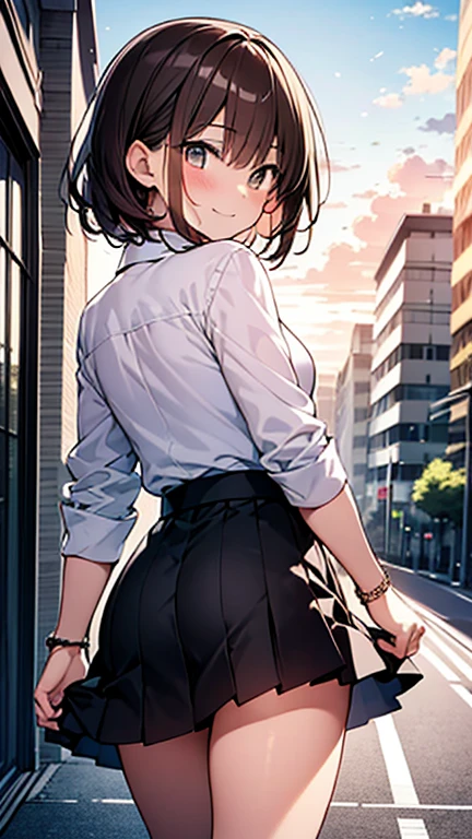 One girl、(Brown hair short cut)、Beautiful brown hair、Perfect Face、Shiny skin、Friendly face smiling、Very clear, reflective brown eyes、Slightly chubby、Small breasts、buttocks are small、A girl in a white button-down shirt and a tight skirt、Let's think step by step,Highest quality、masterpiece、 Ultra-high resolution 、8k、Show anime style 、Soft Line Art、Digital Enhancement、 shojo anime touch, shojo manga core, Flowing fabric、Soft Drawing、 Ultra-Definition Digital Anime Art、 Clear facial depiction、Super detailed girl cartoon character art、 Ultra-detailed manga style、 Highest qualityの色、Walking around the city、Back view、Clouds in the sky、Warm and soft sunset、A pleasant breeze blows、Beautiful hair blowing in the wind