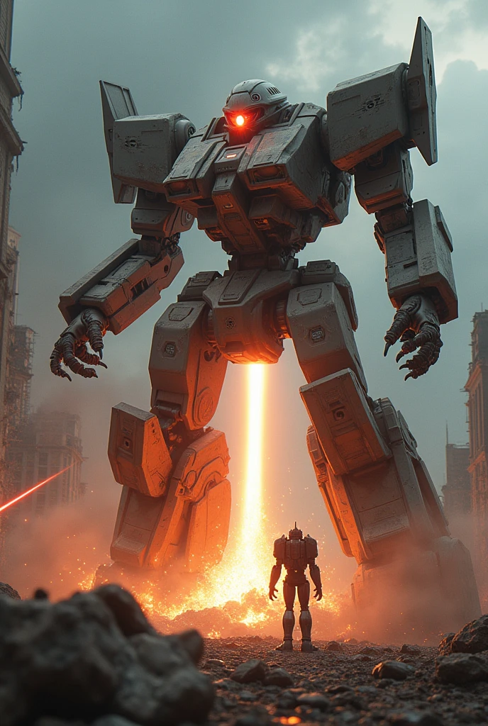Make an image of a robot shooting a super powerful ultra mega laser beam at another robot that killed them both

