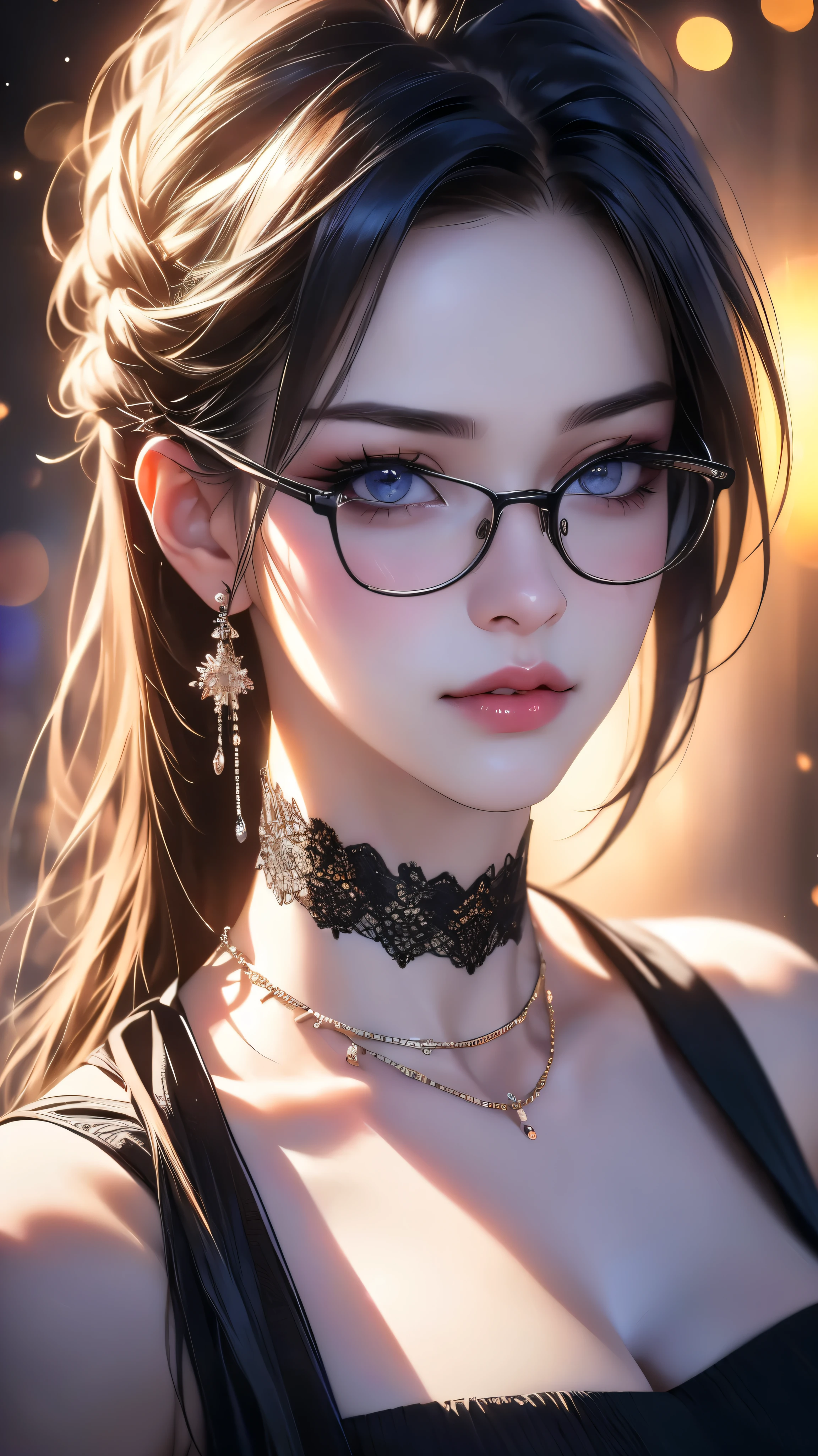 1girl, detailed realistic portrait, beautiful detailed eyes, beautiful detailed lips, extremely detailed face, longeyelashes, jewelry, glasses, choker, necklace, earrings, black choker, black-framed eyewear, breasts, cleavage, looking at viewer, bangs, long hair, solo, (best quality,4k,8k,highres,masterpiece:1.2),ultra-detailed,(realistic,photorealistic,photo-realistic:1.37),HDR,UHD,studio lighting,ultra-fine painting,sharp focus,professionally shot,vivid colors,bokeh