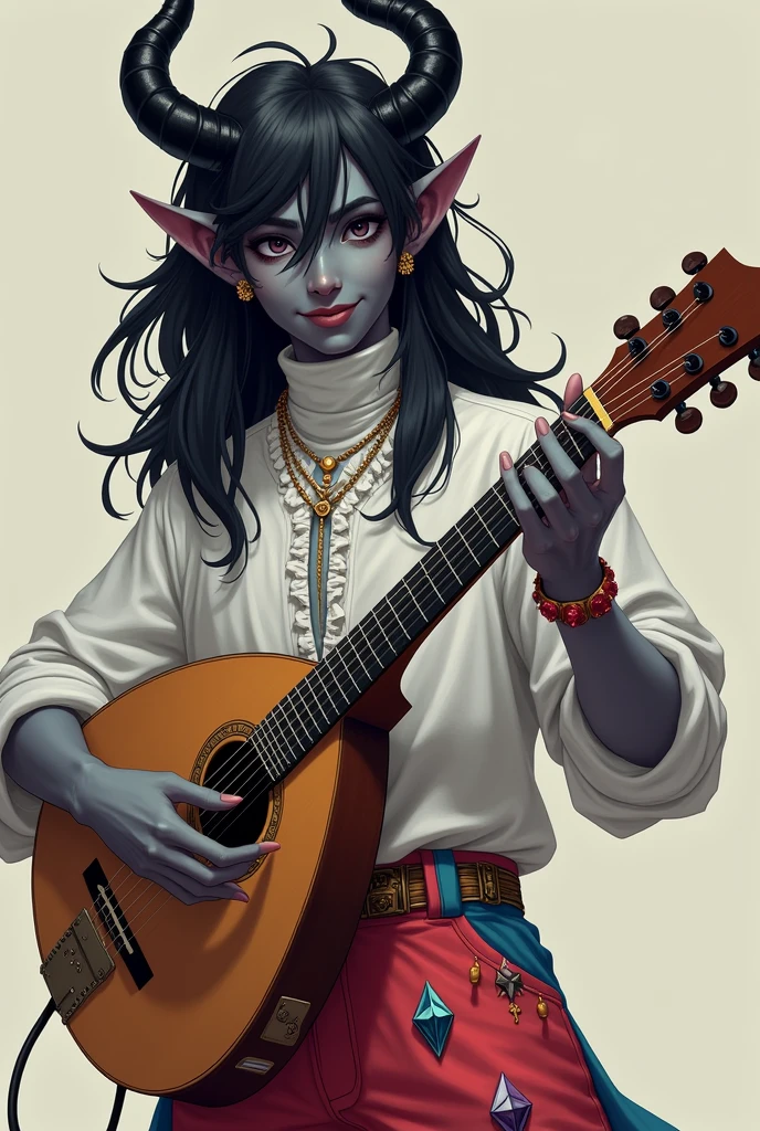 A handsome young tiefling bard with dark gray skin, with two horns, one horn is broken. He is wearing a white turtleneck shirt with ruffles., bright pants with diamonds and patches. He plays the lute, smiling. He has long black hair and black eyes.. There are several earrings in his ear.