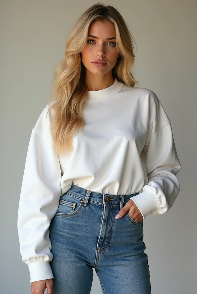 ((Tir lointain)) Influenceuse blonde aux cheveux longs et naturellement ondulés, de taille moyenne, Elle a de gros seins, Elle porte un haut blanc sexy, Elle combine des pièces streetwear classiques comme des baskets, Sweats ou jeans avec accessoires de haute qualité, comme des sacs de créateurs ou des montres de luxe, pour créer un look moderne et élégant, merveilleux, 8k, super verbeux, réaliste, détails complexes, réaliste skin texture, réaliste hair, texture, espiègle, 8K UH, meilleure qualité, haute résolution, Attention aux détails, très grand , longue portée, grand angle  African American