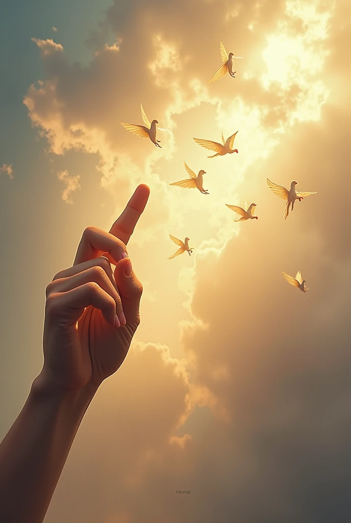 Make me a picture in light colors that says in Latin Spanish "In the name of the father, of the son and the holy spirit, AMEN, and thank you for protecting me" in large gold letters, A hand pointing with the index finger to the sky... and in the background with a watermark some small angels
