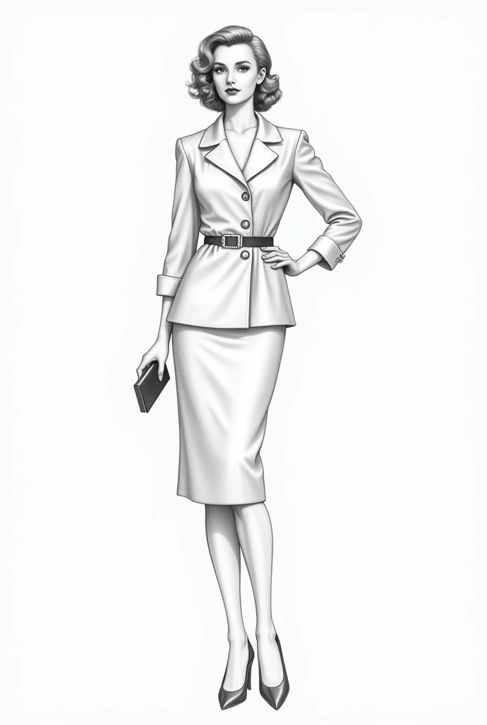 Draw a fashionable woman in pencil, full body in 40s style and white image background 
