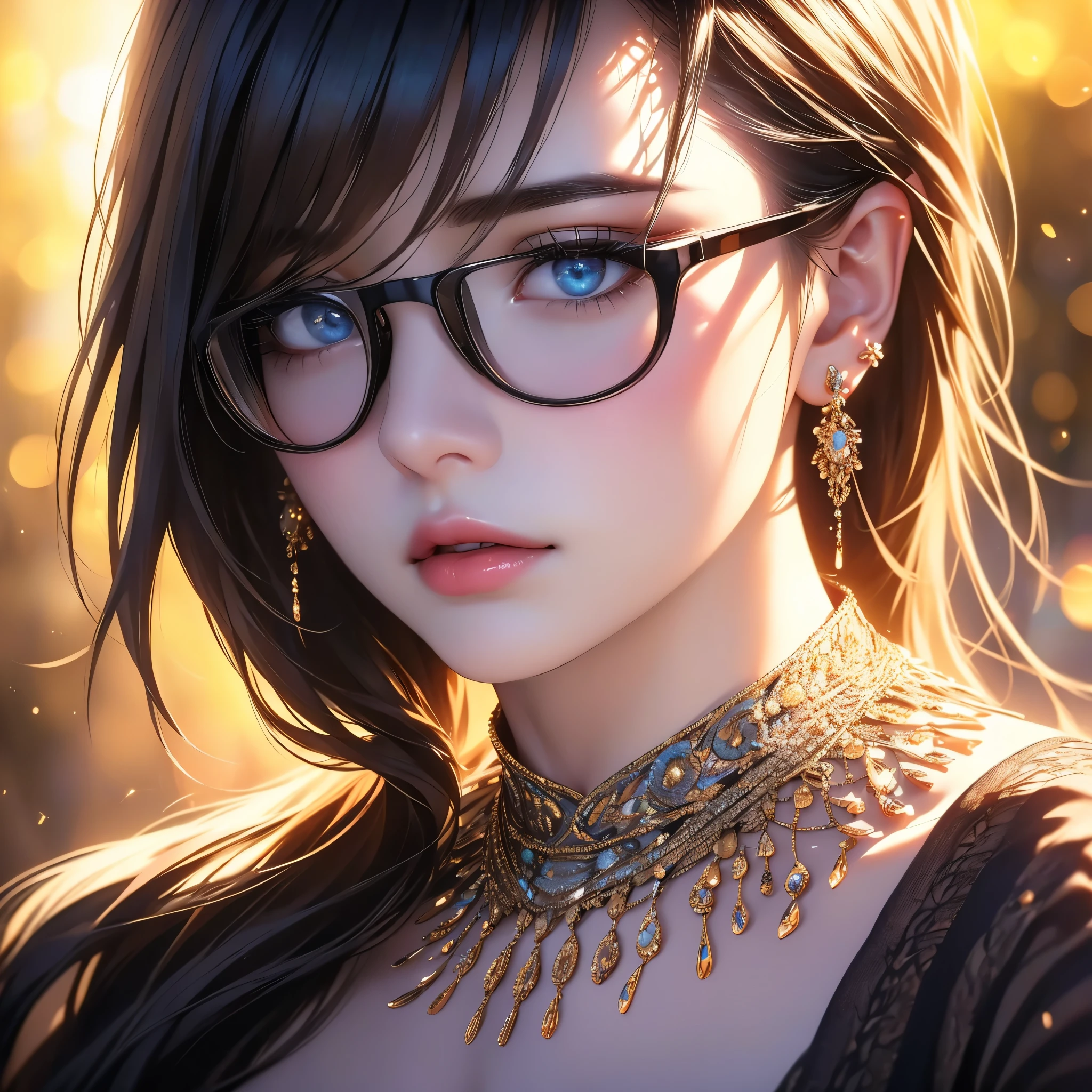 1girl, detailed realistic portrait, beautiful detailed eyes, beautiful detailed lips, extremely detailed face, longeyelashes, jewelry, glasses, choker, necklace, earrings, black choker, black-framed eyewear, ???????, cleavage, looking at viewer, bangs, long hair, solo, (best quality,4k,8k,highres,masterpiece:1.2),ultra-detailed,(realistic,photorealistic,photo-realistic:1.37),HDR,UHD,studio lighting,ultra-fine painting,sharp focus,professionally shot,vivid colors,bokeh