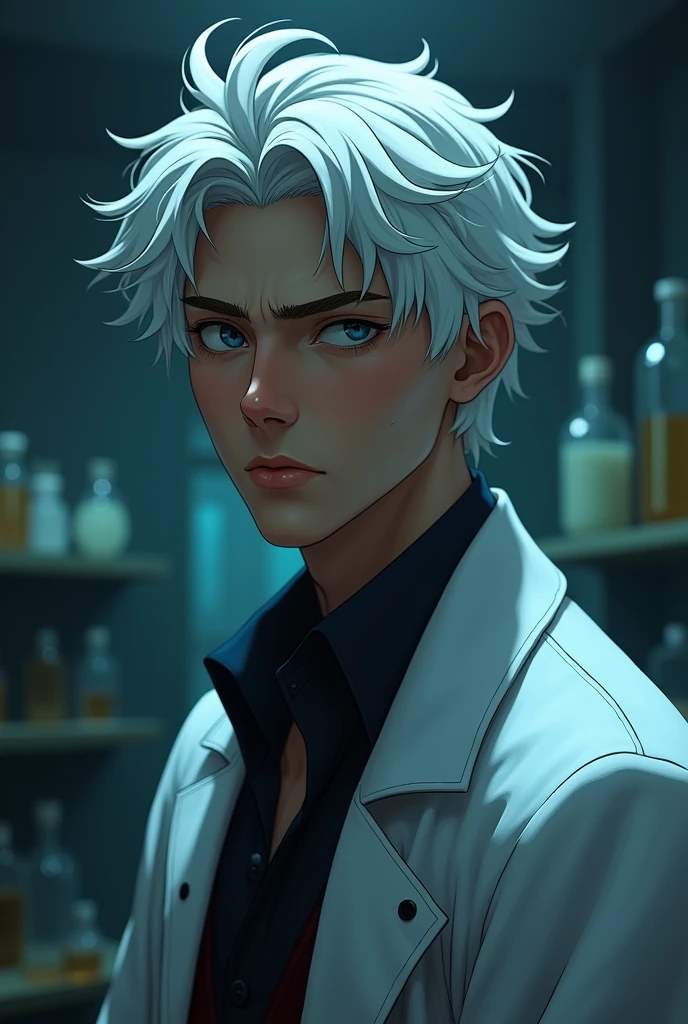 Generates A scientist, white-haired but young adult, that is A little realistic,, Let the background be Mysterious in a laboratory,That the scientist is as if worried, that focuses on only the, That he is handsome and that his face is visible and he is straight, more mysterious and dark
