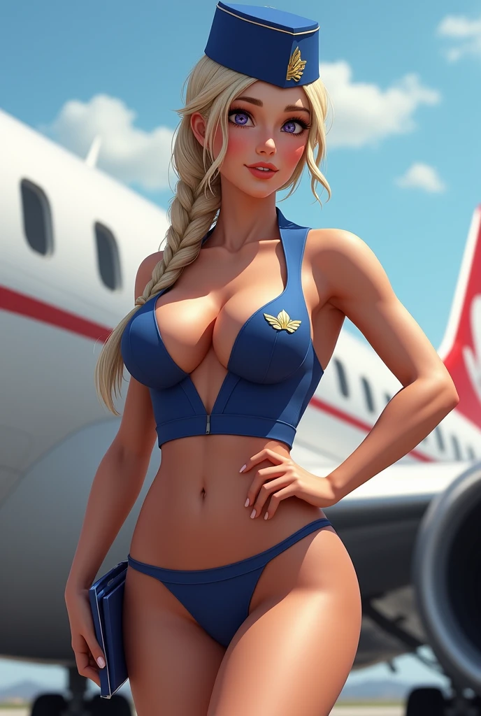 Use this last female flight attendant avatar, realistic looking, very detailed, with platinum blond hair tied in a braid and platinum blond pubic hair, big violet eyes and freckles, and this is important, she must be completely and absolutely nude, with absolutely no clothes whatsoever (that means no bra, panties, dress, bodice, skirt, pants, jacket or any other form or type of clothing, except for the flight attendant's hat!). Breast size must be 58DDD, make the narrow waist and her wide hips. One hand on her hip and the other hand in a "beckoning, come to me" gesture. Show her entire body, from head to toes, frontal view. Provide a commercial passenger plane exterior setting (Mexicana Airlines) with no other human forms. Remember, NO CLOTHES WHATSOEVER except for the flight attendant's blue headdress with the golden wings! NSFW is demanded!