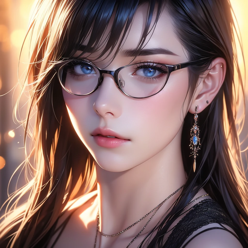 1girl, detailed realistic portrait, beautiful detailed eyes, beautiful detailed lips, extremely detailed face, longeyelashes, jewelry, glasses, choker, necklace, earrings, black choker, black-framed eyewear, breasts, cleavage, looking at viewer, bangs, long hair, solo, (best quality,4k,8k,highres,masterpiece:1.2),ultra-detailed,(realistic,photorealistic,photo-realistic:1.37),HDR,UHD,studio lighting,ultra-fine painting,sharp focus,professionally shot,vivid colors,bokeh