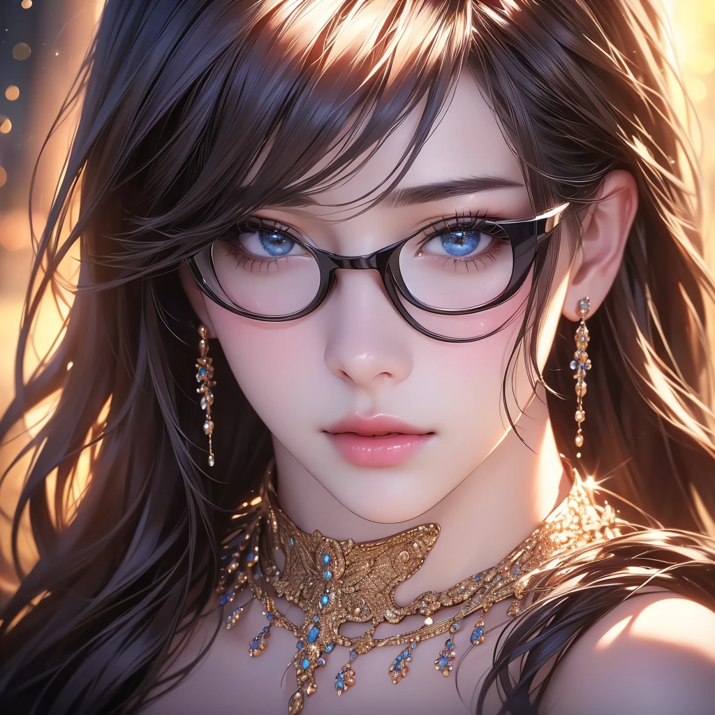 1girl, detailed realistic portrait, beautiful detailed eyes, beautiful detailed lips, extremely detailed face, longeyelashes, jewelry, glasses, choker, necklace, earrings, black choker, black-framed eyewear, breasts, cleavage, looking at viewer, bangs, long hair, solo, (best quality,4k,8k,highres,masterpiece:1.2),ultra-detailed,(realistic,photorealistic,photo-realistic:1.37),HDR,UHD,studio lighting,ultra-fine painting,sharp focus,professionally shot,vivid colors,bokeh