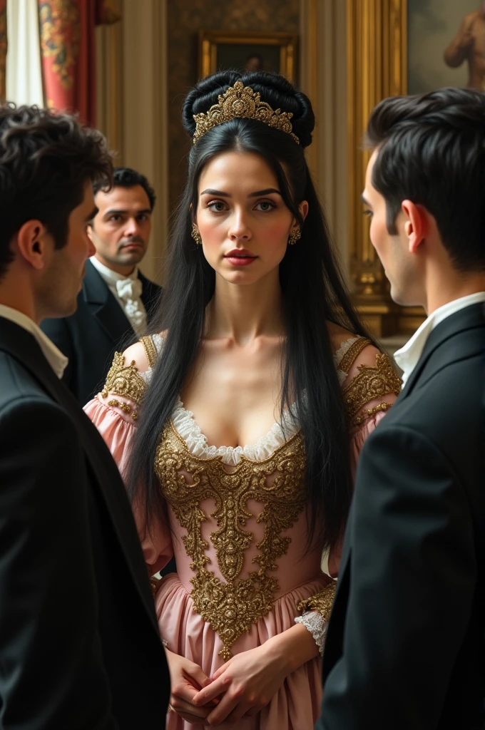 a woman with long black hair in the 19th century, looking down on you while talking to men