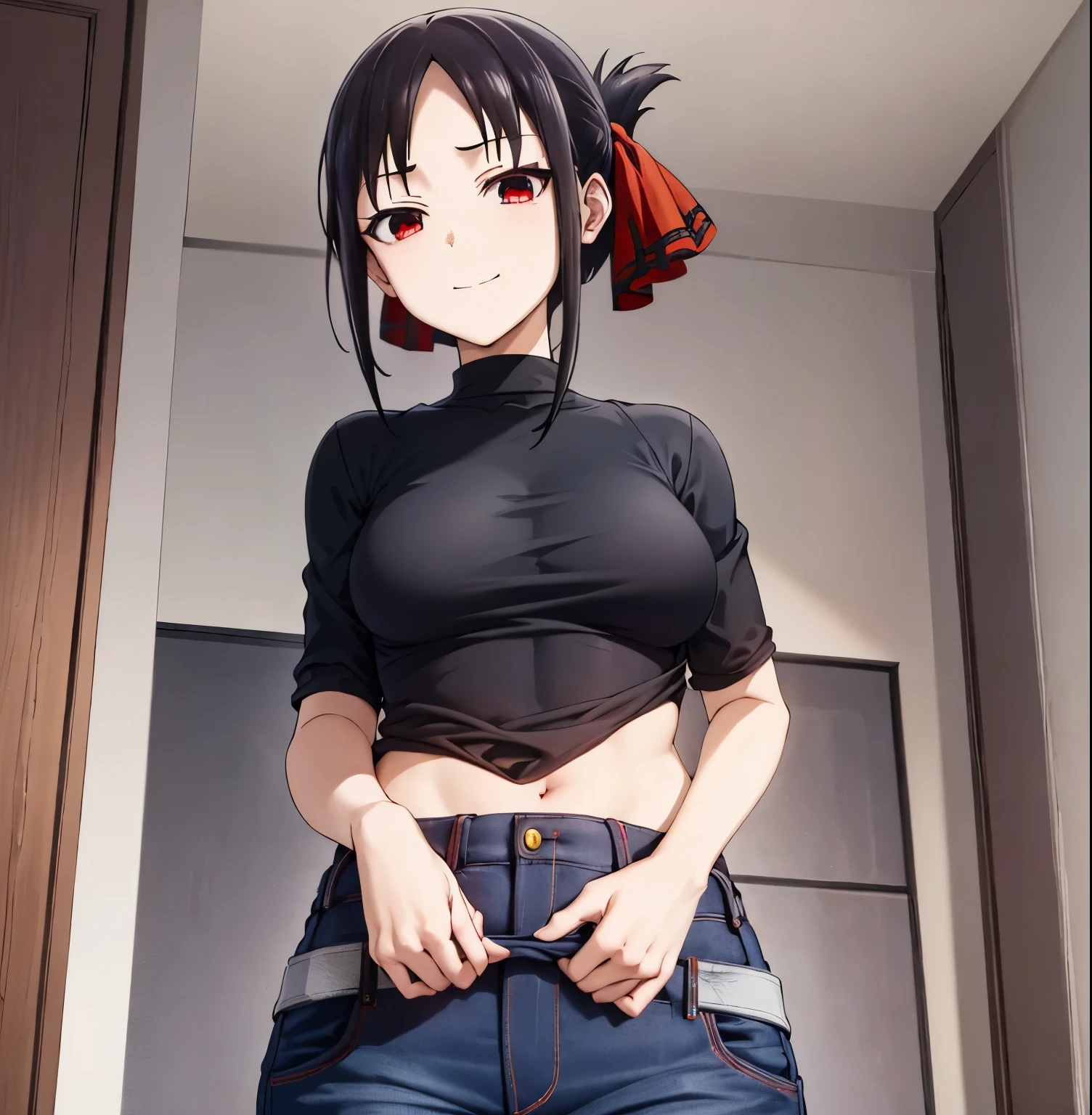 1girl,alone,kaguya shinomiya,best quality (masterpiece: 1.2),detailed,closed mouth,light smile, black hair, red eyes, short hair, folded ponytail, hair ribbon, black tank top, tight shirt, blue jeans, skinny jeans, exposed waist, red ribbon, medium breasts, medium waist, wide hips, medium thighs , round butt, from behind, looking at viewer, pov (from below, ((upper body)), perfect anatomy, perfect hands