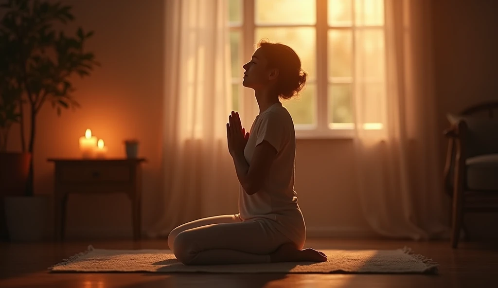 A viral social media image depicting a serene candle-lit room with soft light filtering through a window, a person kneeling in peaceful prayer, hands clasped, with a calming aura surrounding them, symbolizing anxiety relief.