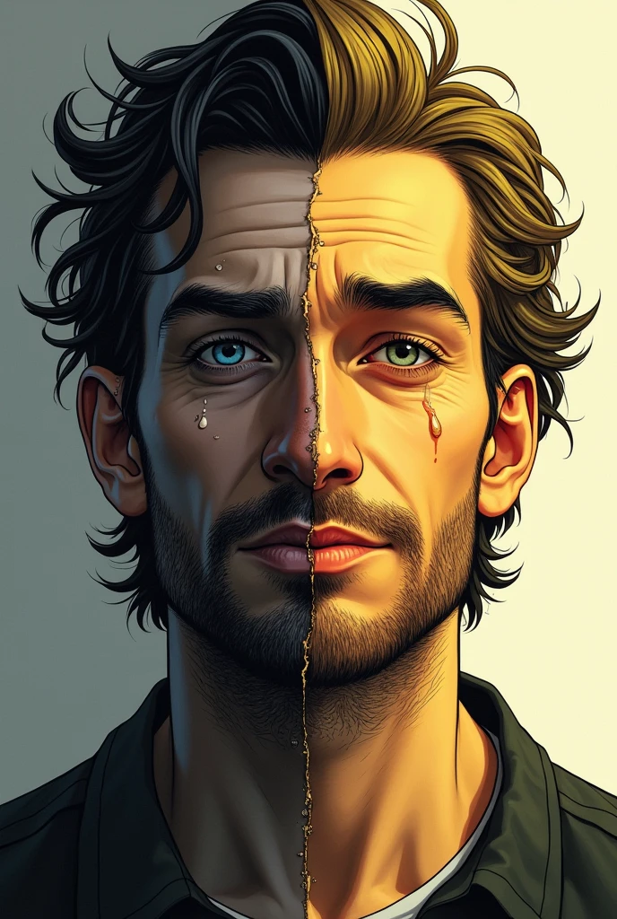 Here’s the updated description:
"Create an image of two men with a split face. The left side of the face belongs to a man who is worn out and crying, with tears running down his face and a distressed expression. His appearance shows the effects of hardship, with visible signs of struggle like dark circles under his eyes and rough skin. The colors on this side are dark and muted, with shades of black and gray. The right side of the face belongs to a very handsome man who is successful and happy, with bright eyes and a confident, charming smile. The colors on this side are bright and vibrant, with shades of yellow and white. The left (defeated) side should clearly show the toll of difficulties, while the right (successful) side should look extremely attractive, lively, and victorious."
This version should emphasize the hardship on the left side, while the right side remains very handsome and successful.