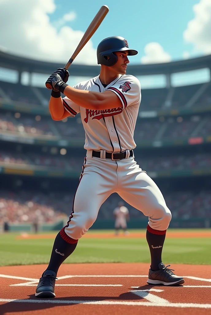  A handsome baseball player with a muscular body standing at home plate with the bat raised on his shoulder in a batting stance facing the pitcher, tight-fitting uniform, right leg semi-bent in front of the left leg, baseball stadium background
