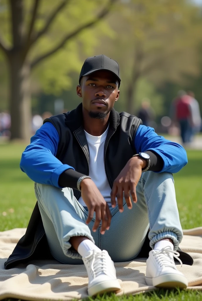 best qualityer:1.4), (ultra high resolution:1.2), (photorrealistic:1.4), (8k, CRU photo:1.2), a thin young man of 20 years old, skin black, with a smooth, beardless face, corte de cabelo buzzcut, He's wearing a black cap. He's wearing a white shirt. He is wearing a basic coat in black and blue.. He's wearing light jeans. He's wearing white sneakers. Sitting on the grass in a simple park. thin build sem músculos. Seductive face for the camera. thin build. Scrawny. A thin person. He's wearing a black cap. There are people in the background. It's sunny. He is sitting on a cloth spread out on the grass.