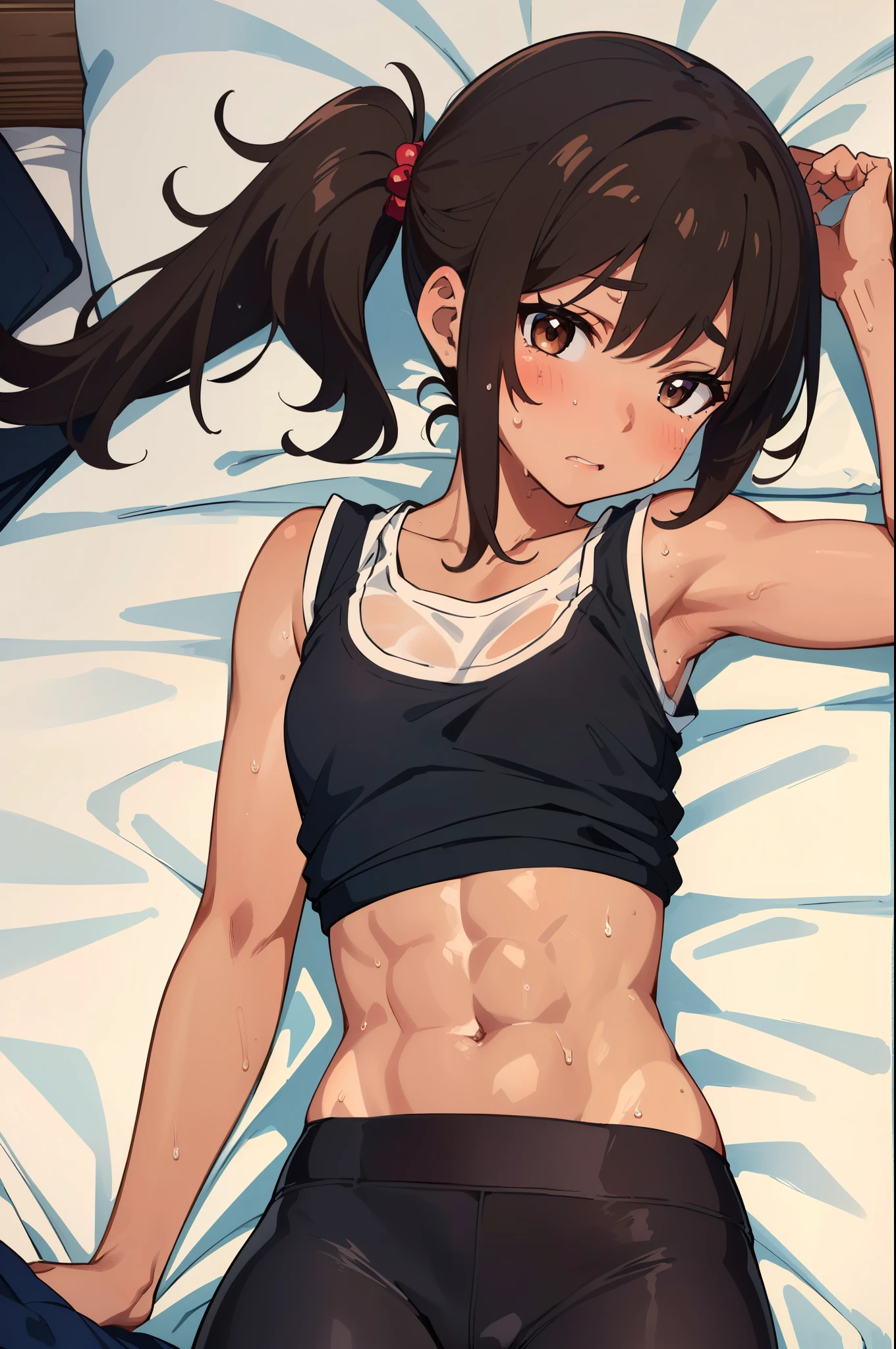 masterpiece, best quality, ultra detailed, ultra high resolution, very detailed face, (((solo))), ((anime)), (((junior high school girl))), (tanned skin:1.3), ((tanktop, croptop)), ((black yoga pants)), ((brown short hair, side ponytail)), ((extasy face)), ((small mouth)), (small breast), (six pack abs:1.1), ((lying on the bed)), ((sweat:1.14)), in the room
