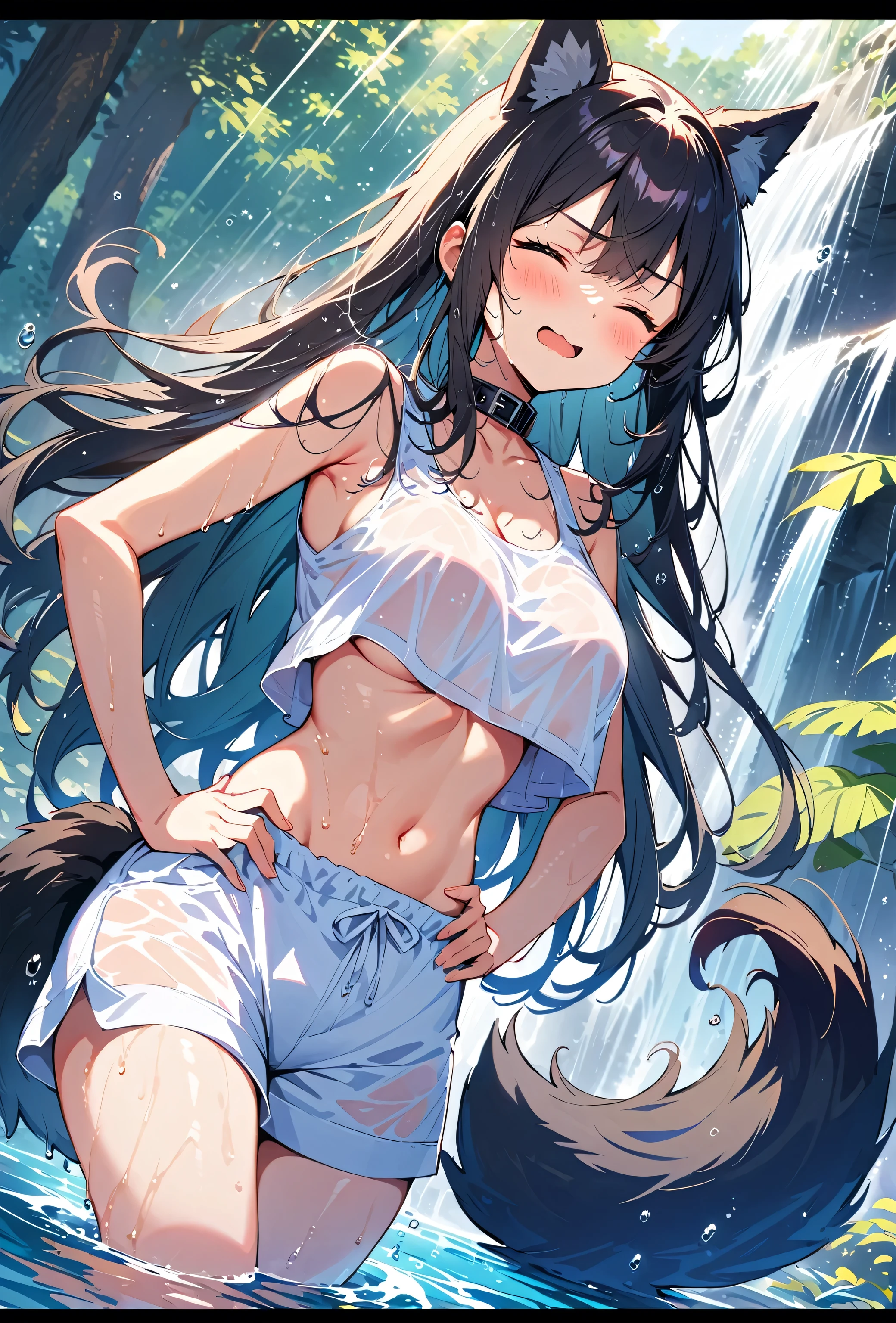 cute dog girl, nsfw, (((showering in a waterfall))), (((big oversized white shorts))), (((no top))), (((((taking off shorts))))), ((((undressing)))), ((((((facing away)))))), (((((((viewed from behind))))))), ((((((((bending far over)))))))), ((((ass up)))), (((grey eyes))), (((focal point))), ((full body shot)), ((dynamic angle)), (((long hair))), (black hair, wet and shiny), (((dripping wet body))), (dog ears), (dog tail), (black dog collar), ((detailed water droplets, sunlight filtering through trees)), ((dynamic and beautiful lighting)), BREAK, masterpiece, UHD, detailed and high quality, serene atmosphere, vibrant colors, flowing water, detailed background, intricate details, natural beauty