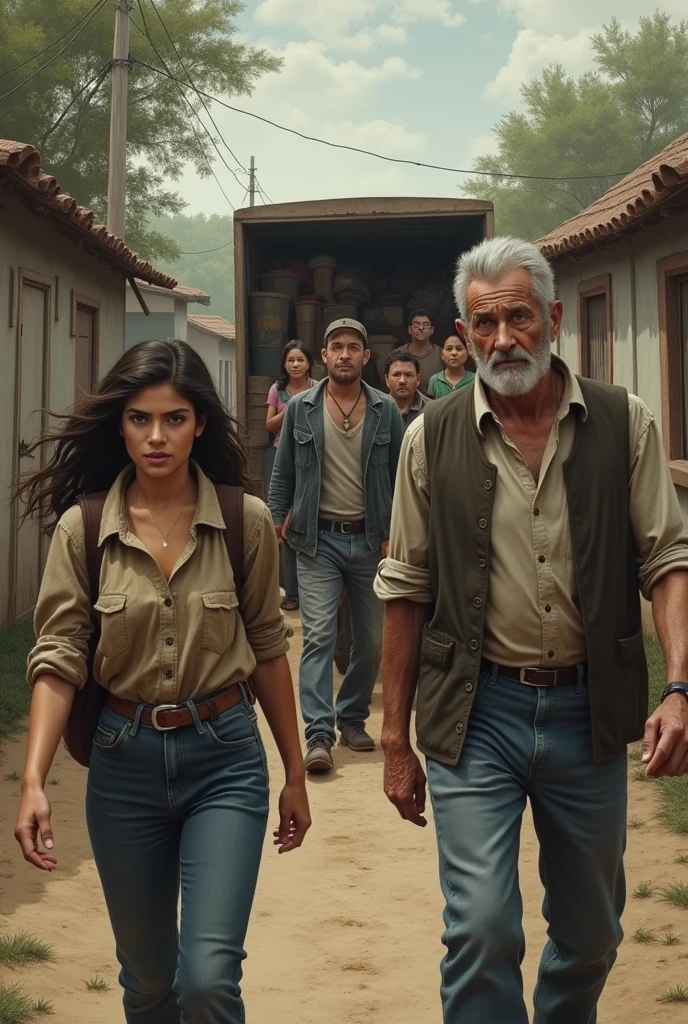 Emilia and her father, Leoncio, They return from a walk and find Antonio's family unloading their belongings.. It shows Emilia's emotion and the tension in Clara's expression.