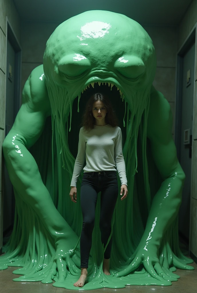 A young woman wearing a white sweater and black leggings is being devoured by a giant green slime monster.