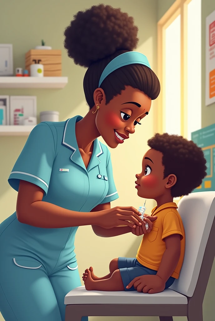 Create a cartoon image of a Papua New Guinea nurse with a slightly broad nose and an afro, dressed in a professional uniform, attentively preparing to administer an injection to an  in his arm. The  is being held closely by its mother, who has brown skin, a small afro and a warm, nurturing expression. The setting should be a simple, clean clinic environment. The image should convey a sense of care, professionalism, and the importance of immunization for protection against vaccine-preventable diseases.
