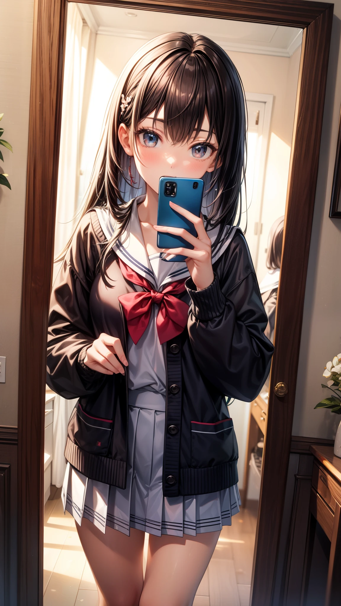 masterpiece, best quality, high quality, detailed, ultra detailed, hyper detailed, insanely detailed, exquisite, beautiful, FHD, Full-HD, 4K, 8K, 16K, highres, absurdres, A detailed illustration of a girl taking a selfie in front of a mirror. She is wearing a traditional Japanese sailor school uniform with a pleated skirt and a sailor collar. Over her uniform, she is wearing a cozy cardigan, adding a casual touch to her outfit. The girl is holding a smartphone with one hand while posing confidently. Her reflection is clearly visible in the mirror behind her. The room has a warm and slightly soft lighting, with subtle details like a small desk or bed in the background to indicate a typical bedroom setting. The focus is on the girl and her reflection, capturing the moment with a balance of realism and anime-inspired style ,more_details:-1, more_details:0, more_details:0.5, more_details:1, more_details:1.5,mksks,Colorful Portraits,shiny skin, shiny body 