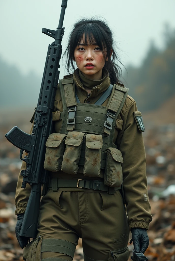 Photo-realistic, ultra-realistic, (very beautiful Japanese, famous Japanese idol:1.3), (Fully equipped for battle:1.5), large assault rifle on her back, (painful impressions, crying:1.3), (wearing an army soldier's Camouflage outfits with military helmet:1.5), (at a battle field), very large breasts, (tactical vest, military harness:1.3), (military long boots:1), dynamic angle, spectacular, (muddied, damaged wears, damaged body:1.3), military cameraman, (holding a classical Leica M2:1.3), (shoot from side)